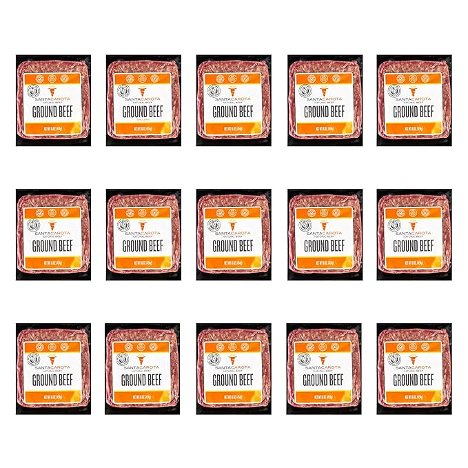 Santa Carota Grass Fed Ground Beef 80% Lean / 20% Fat, Carrot-Finished, Grass-Raised, Bulk Hamburger Meat | Perfect for Burgers, Family Pack Frozen Food (15-1lb packages)