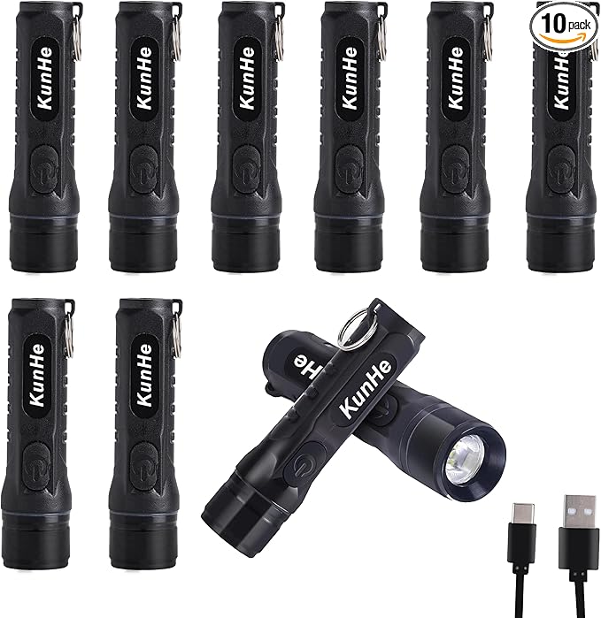 KunHe 10 Pack Bulk Keychain LED Flashlight Small Mini Rechargeable Flashlight Pocket Keychain Light Portable 300 Lumens for EDC Emergency Gift