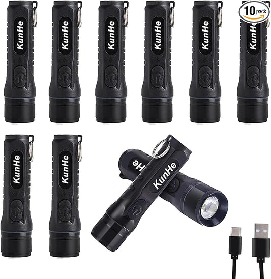KunHe 10 Pack Bulk Keychain LED Flashlight Small Mini Rechargeable Flashlight Pocket Keychain Light Portable 300 Lumens for EDC Emergency Gift