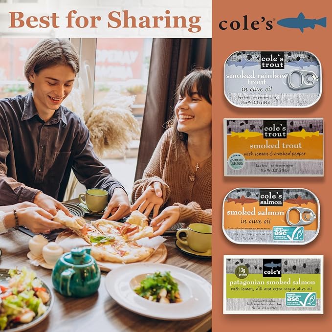 Cole's Patagonian Smoked Salmon & Rainbow Trout Sampler Pack, 3.2oz Cans | Hand-Packed in Extra Virgin Olive Oil & Spices | Canned Salmon & Trout 4 Pack