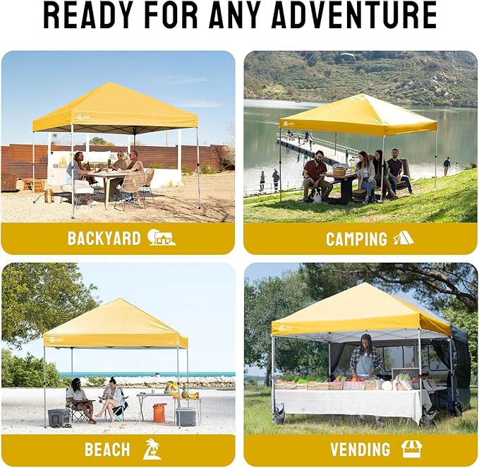 CROWN SHADES 8x8 Pop Up Canopy - Beach Tent with One Push Setup - Easy Outdoor Sun Shade for Events, Parties, Camping - Gazebo with STO-N-Go Cover Bag, Silver Coated Top, Yellow