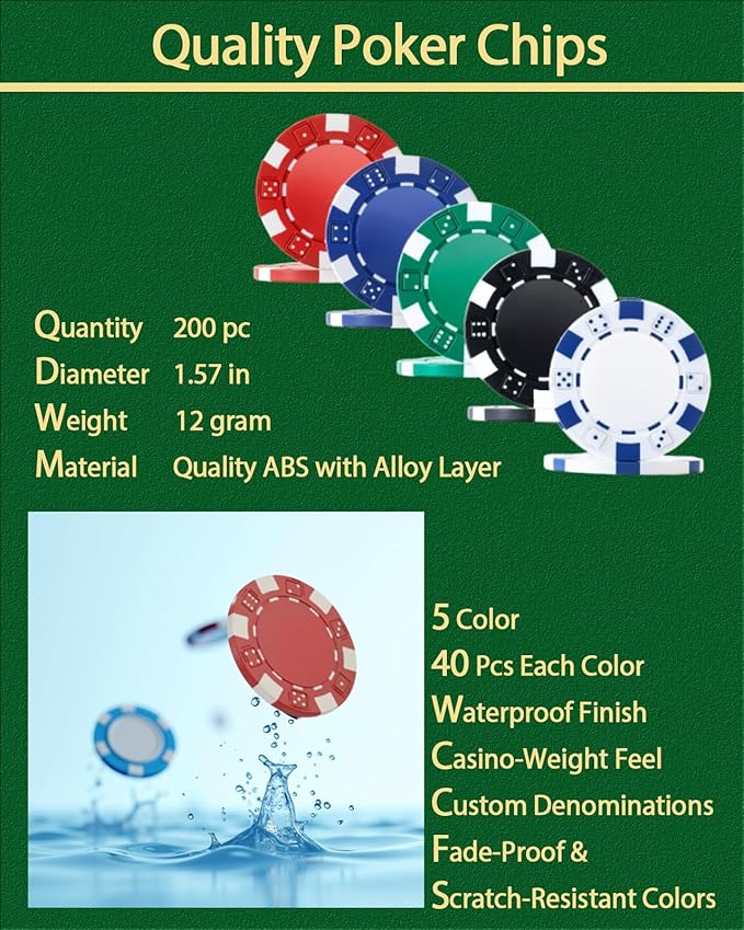 5 in 1 Casino Game Complete Set: 200 Pro Poker Chips+Silent Card Shuffler, Blackjack+Roulette Wheel+Craps+Texas Holdem+Poker Kit,Table Game Mat+Playing Card+Dice+Casino Accessory