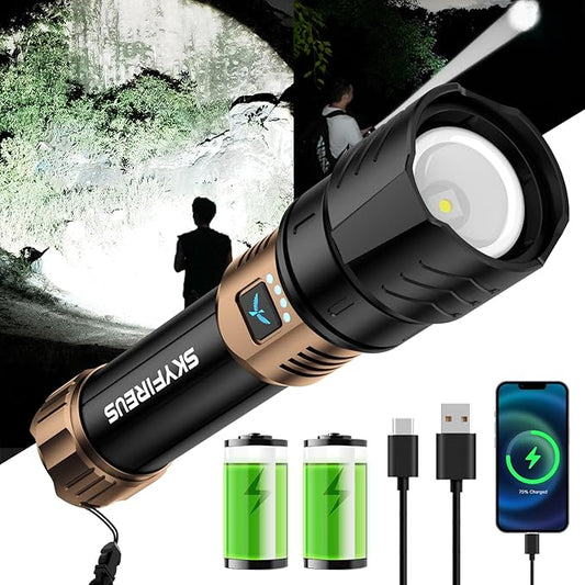SKYFIRE Rechargeable Flashlight High Lumens,LED Flashlight with 8000mAh,Zoomable,Four Modes,Waterproof Bright Flash Light for Camping Essentials,Outdoor,Home-No Lens