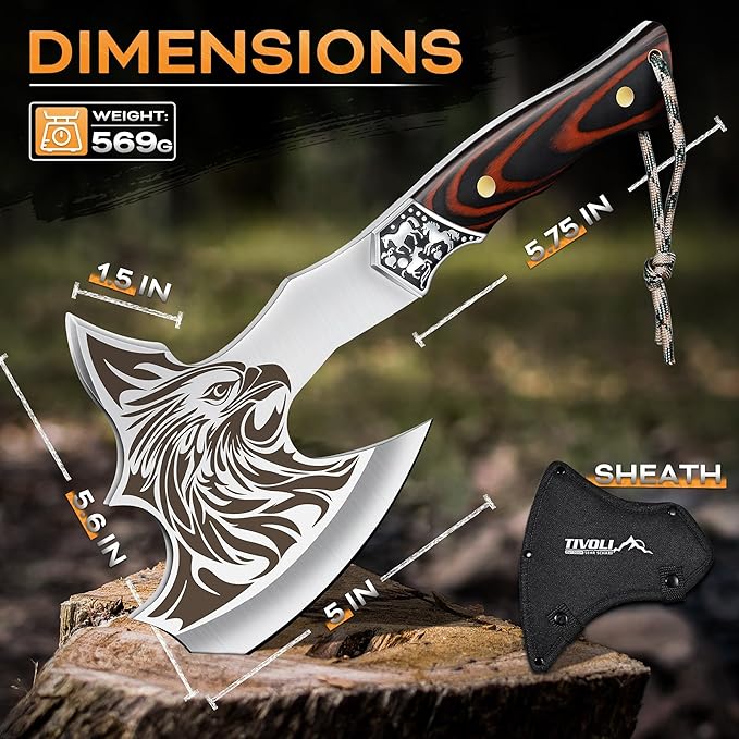 TIVOLI Camping Axe, Eagle - Patterned Survival Hatchet with Nylon Sheath, High Carbon Steel Blade Compact Outdoor Bushcraft Axe with Ergonomic Wood Grip, Camping Gear for Hiking, Chopping, Hunting