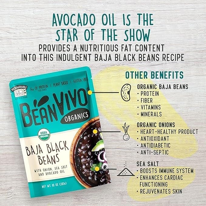 BeanVIVO (Pack of 12) Organics 14g Plant based Protein Baja Black Beans - Good Source of Fiber - Nutritious & Microwave Meals - Gluten-Free Plant Food - 10 oz