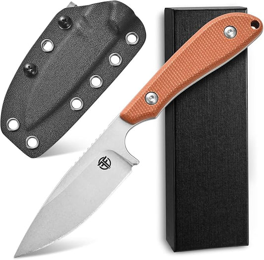 FF101 Micarta Handle Fixed Blade Knife, AUS-10 Steel Blade Full Tang Knife with Sheath for Outdoor Camping Hunting Fishing Working (Brown)