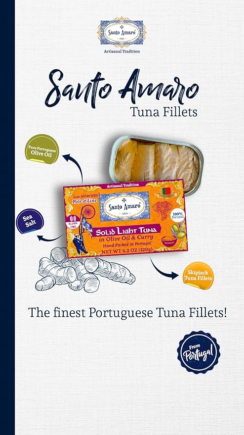 Santo Amaro - Artisanal Wild Tuna Fillets in Olive Oil & Turmeric Curry, Pole & Line Caught from Portugal, Hand-Packed Goa-Style Natural Canned Tuna, 22g Protein, Keto, 124 Cal, Low Mercury, Pack of 6