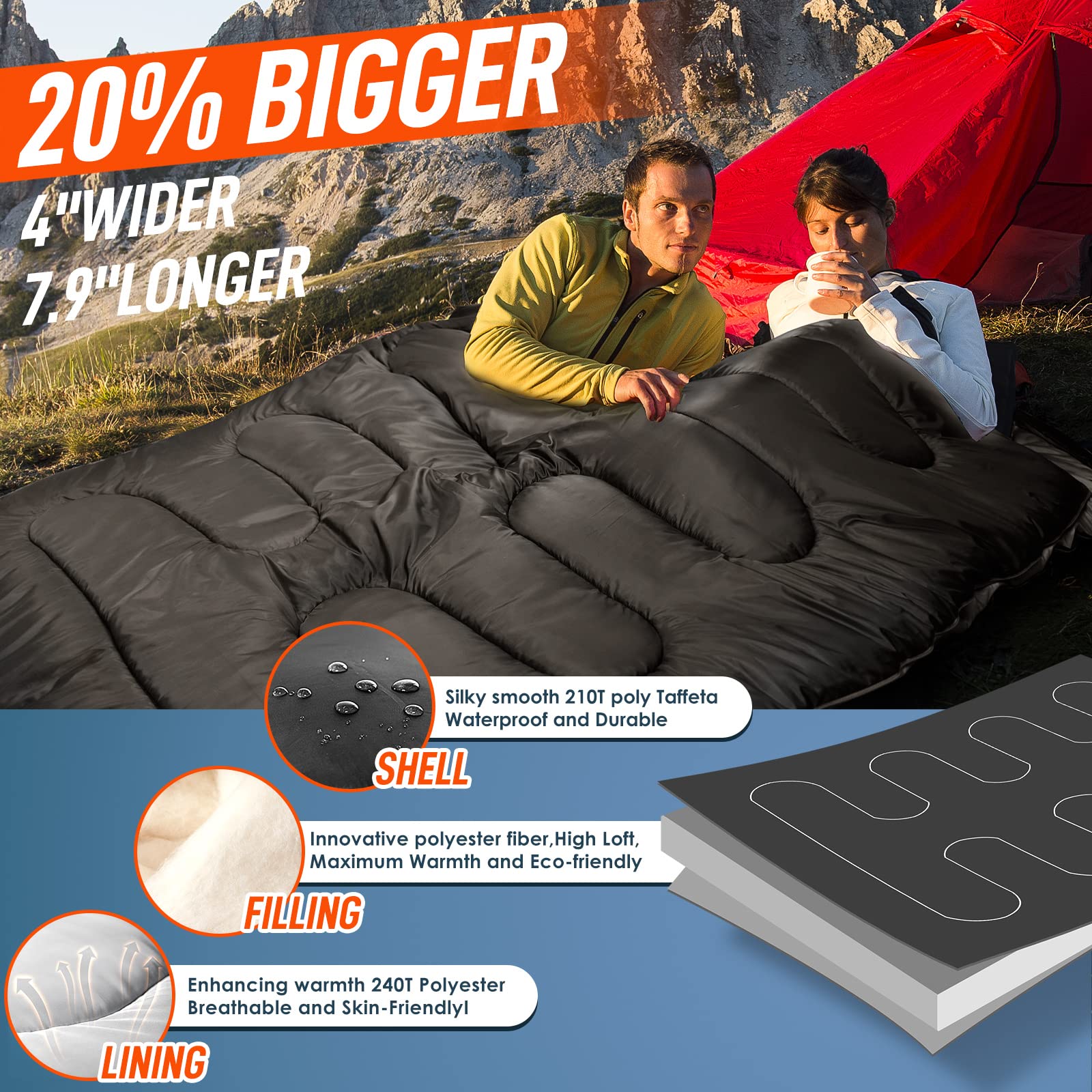 MEREZA Double Sleeping Bag for Adults Mens with Pillow, XL Queen Size Two Person Sleeping Bag for
