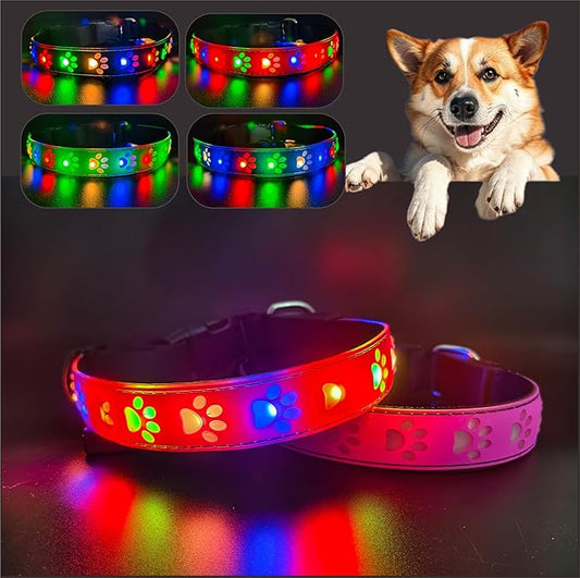 LED Light Up Dog Collar, USB-C Rechargeable, Multicolor Paw Print Design, 15 Modes Lighting Night Safety (Pink Pro, S(7.87-11.8"))
