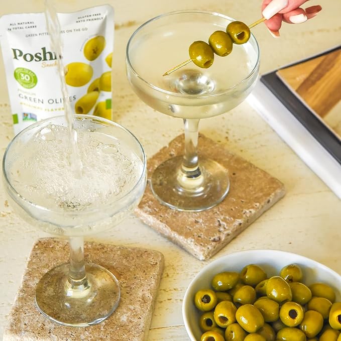 Poshi Green Olives On-The-Go - Original Flavor - Single Serve Pitted Olives - Convenient and Healthy Snack Packs - All Natural, Non-GMO, Kosher, Gluten-Free - 1.1 Oz Bags (10/Pack)