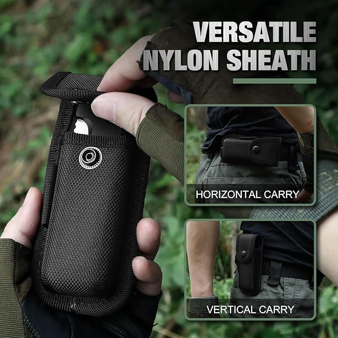 Button Lock Pocket Folding Knife with Nylon-Sheath (Horizontal carry), 3.42" D2 Blade with Aluminum Handle, Camping Pocket & Folding Knives with Clip, EDC Knife Gift, Black