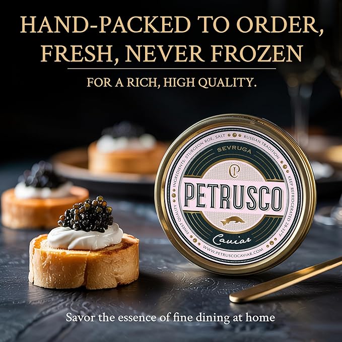PETRUSCO Sevruga Black Caviar - Premium Fresh Seafood Sturgeon Fish Caviar - Rich, Buttery Flavor, Smooth & Briny Taste with Elegant Texture and Perfect for Fine Dining (17.6 Ounces)