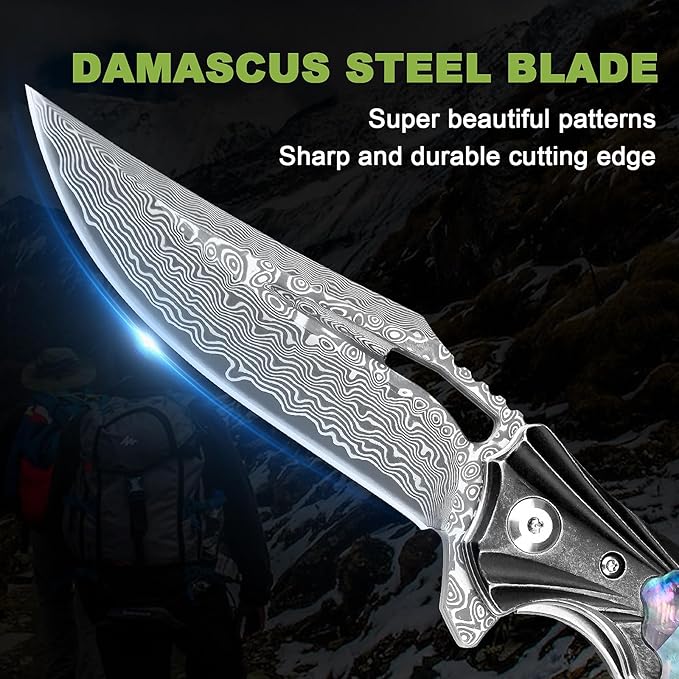 Damascus Pocket Knife for Women, 3.15" VG10 Damascus Steel Blade EDC Folding Knife with Sheath, Abalone Shells Handle, Ideal Gifts for Woman Men