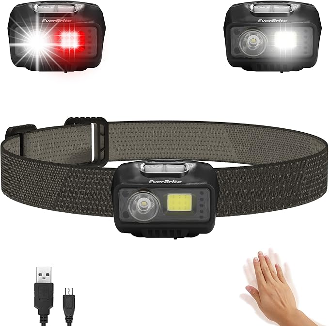 EverBrite Rechargeable Headlamp, LED Bright Motion Sensor Head Lamp Flashlight with 9 Modes, Adjustable Headlight for Adults with White Red Light, Water Resistant, Black, for Hiking, Running, Camping