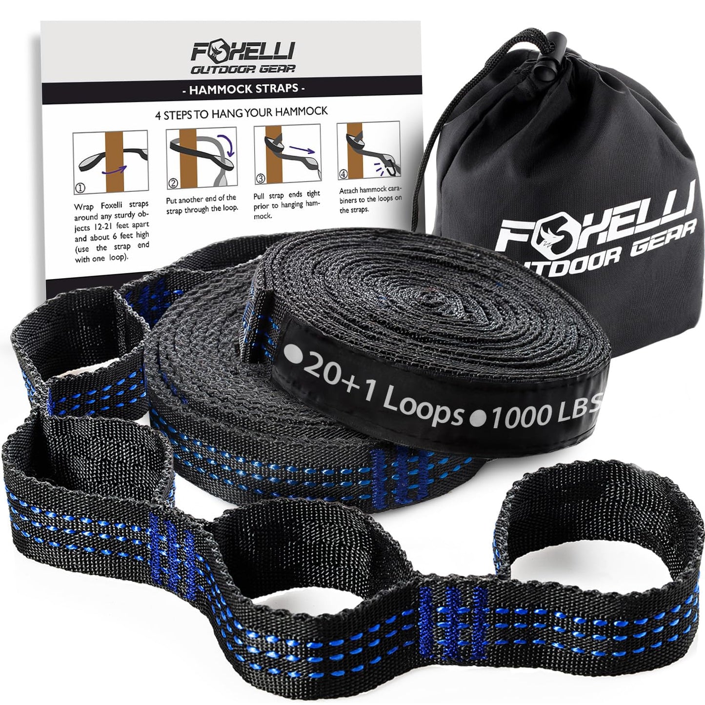 Foxelli XL Hammock Straps - Extra Long 20FT Heavy Duty No-Stretch Suspension System, 40+2 Loops