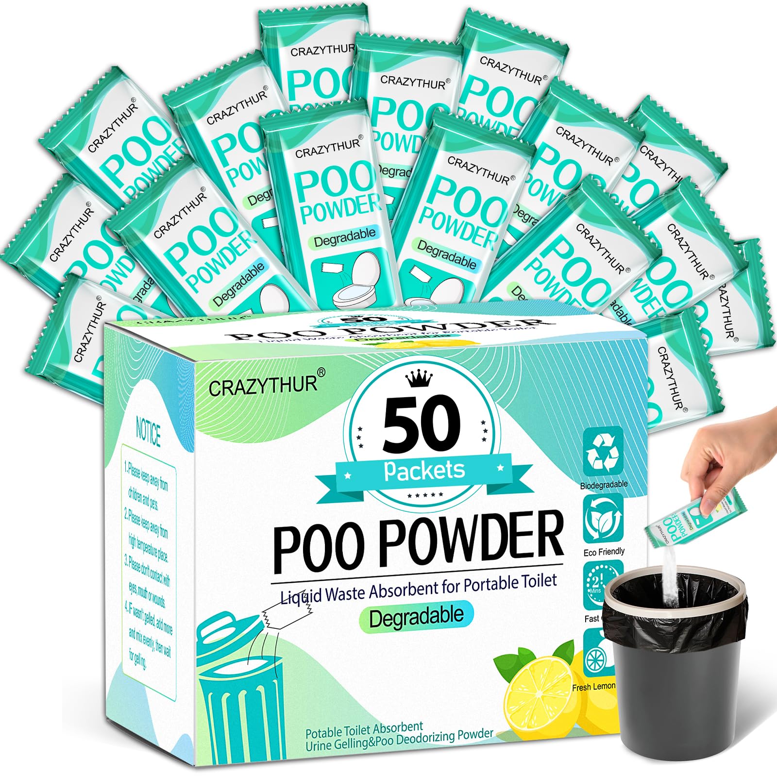 Poo Powder for Portable Toilet Gel Powder, Camping Toilet Gel 50PCS