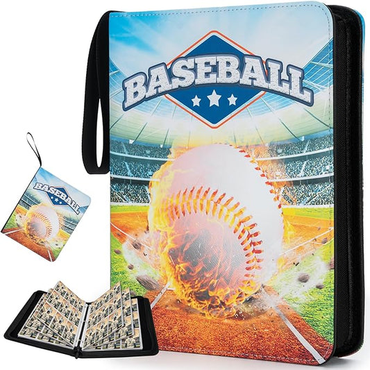 9 Pockets Trading Sports Card Binder with Sleeves, 50 Removable Pages, 3 Ring Zipper Binder Collectable Card Book Album with Strap, Compatible with 2025 Topps Baseball Cards(Baseball Glove)