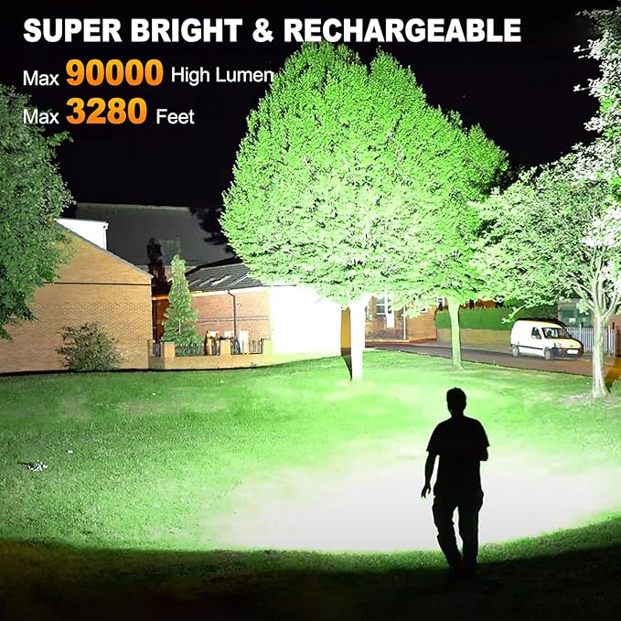 Rechargeable Flashlights 90000 High Lumen, 10000 ɱAh ?ATTERY LED Flashlight with Cob-Light for Home, Super Bright Flash Light 7 Modes, IPX7 Waterproof for Outdoor Camping