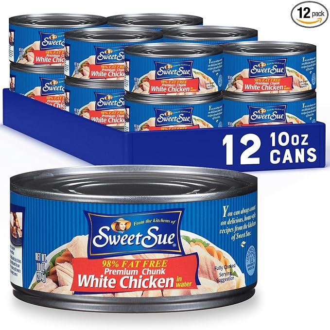 Sweet Sue Chunk White Chicken in Water, 10 oz Can (Pack of 12) - 11g Protein per Serving, 98% Fat Free - Gluten Free, Keto Friendly - Great for Snack, Lunch or Dinner Recipes