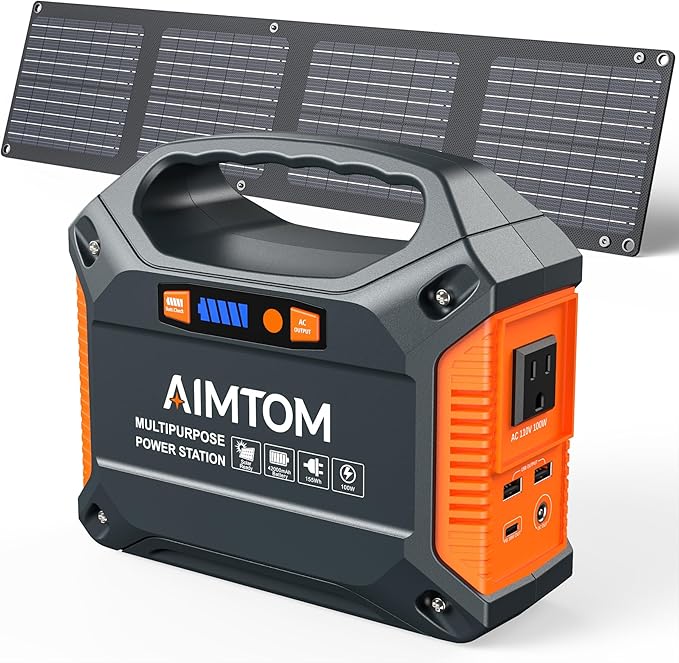 AIMTOM 155Wh Portable Power Station with 30W Solar Panel ??150W Peak/110V AC, 18W USB-C, 2x USB-A & 12V DC ??Solar Generator for Camping, Home, RV, Travel & Emergencies