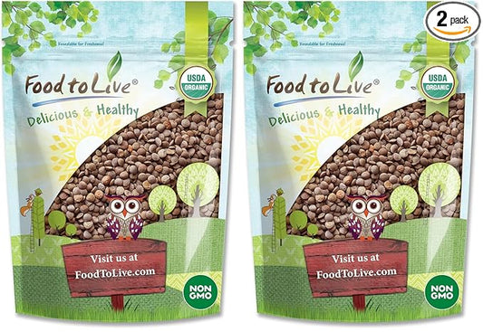 Food to Live Organic Whole Red Lentils, 1 Pound Non-GMO, Dry Raw Lentils, Sproutable, Vegan, Kosher, Bulk. Easy to Cook. Source of Folate, Fiber, and Protein. For Lentil Soup, Stews, Curry (Pack of 2)