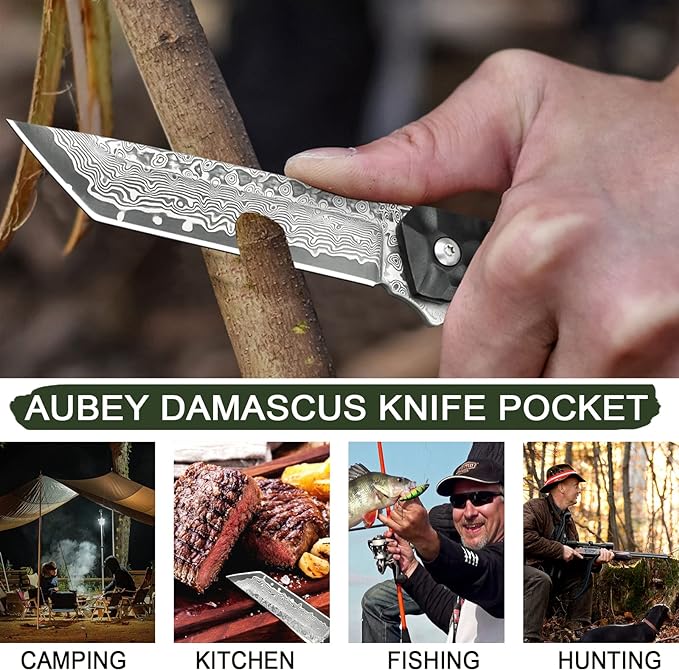 AUBEY Damascus Pocket Knife, Tanto VG10 Core Damascus Steel Folding Knives with Ball Bearing, Aluminum Alloy Non-Slip Handle and Glass Breaker, EDC Damascus Knife for Men Women (Black)