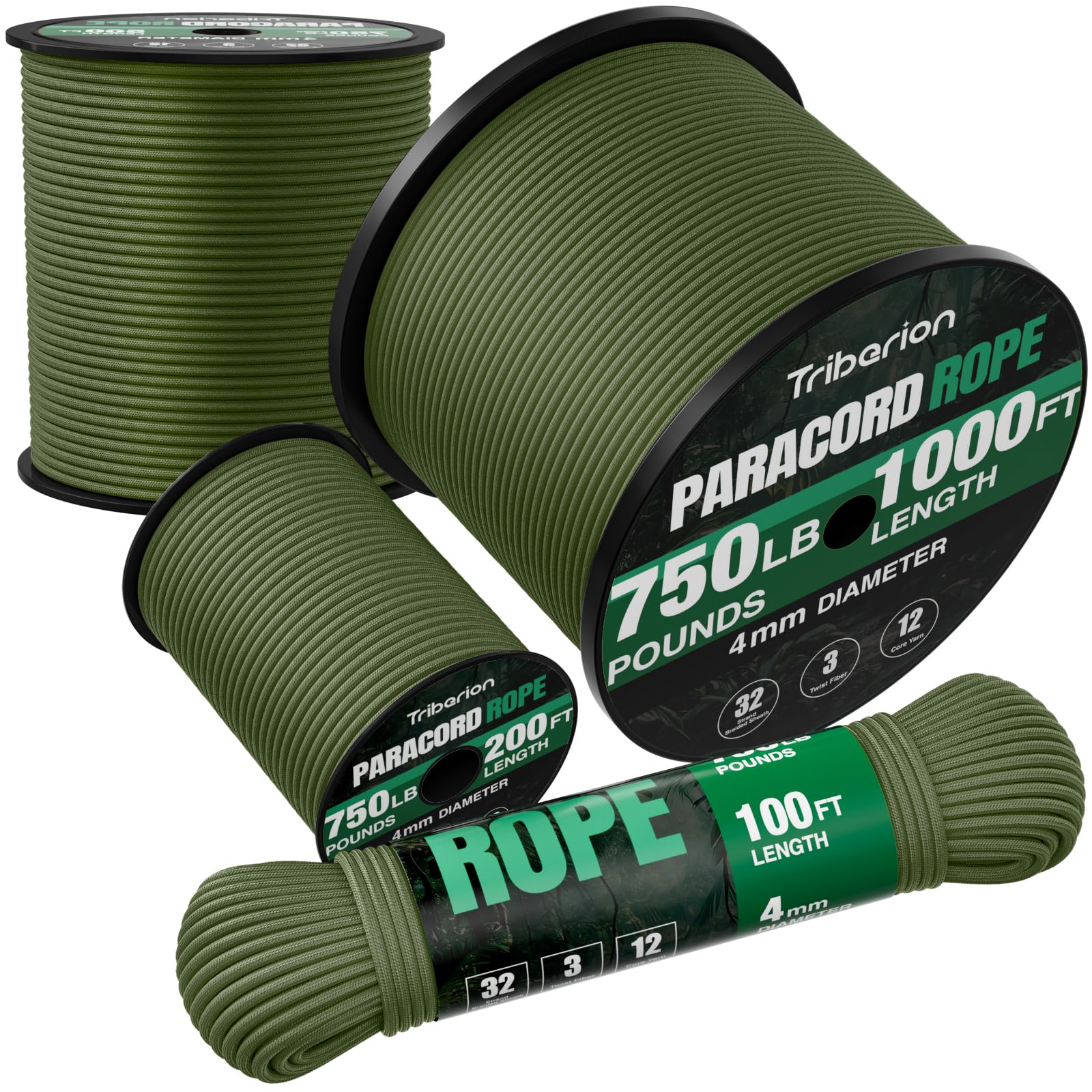 TRIBERION Paracord Rope 750 lb - 1000ft / 500ft / 200ft / 100ft 5/32" Parachute Cord 4MM 12-Strand