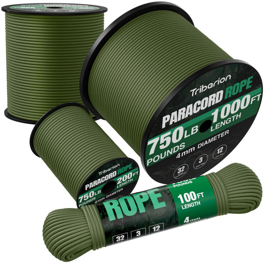 TRIBERION Paracord Rope 750 lb - 1000ft / 500ft / 200ft / 100ft 5/32" Parachute Cord 4MM 12-Strand