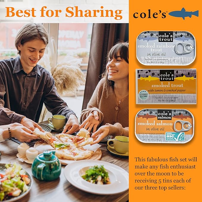 COLE'S Canned Seafood Variety Pack - Salmon, Rainbow Trout in Olive Oil & Trout with Lemon & Cracked Pepper | High in Protein Canned Fish- 3 Pack