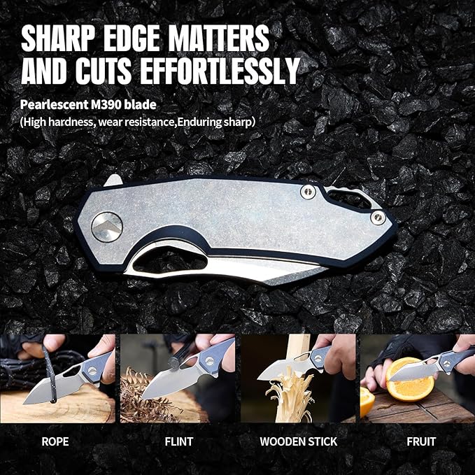 Folding Knife pocket knife EDC Knife With Clip Survival knife Camping knife - M390 Steel Titanium Handle - Outdoor Camping Survival Hunting knife with Sheath (Blue)