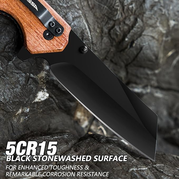 FLISSA Folding Knife, 4-3/4" Reverse Tanto Folding Pocket Knife, Black Stonewash Blade, Wood Handle, for Hunting, Survival, Camping and Outdoor Activities, Great Gifts for Dad, Husband, Friend