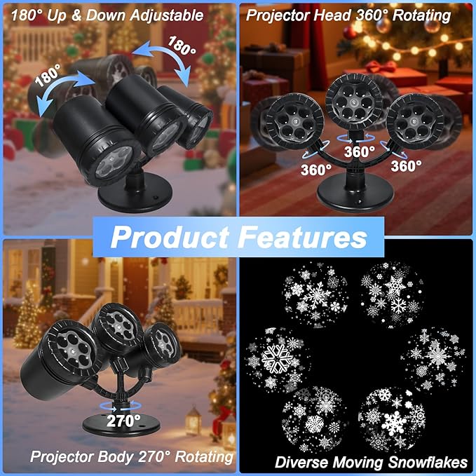 Snowflake Christmas Projector Lights Outdoor, [Timer] Triple Head Snowflake Projector Light, Waterproof 360°Rotating LED Snowfall Projector for Holiday Party Yard Garden Indoor Christmas Decoration