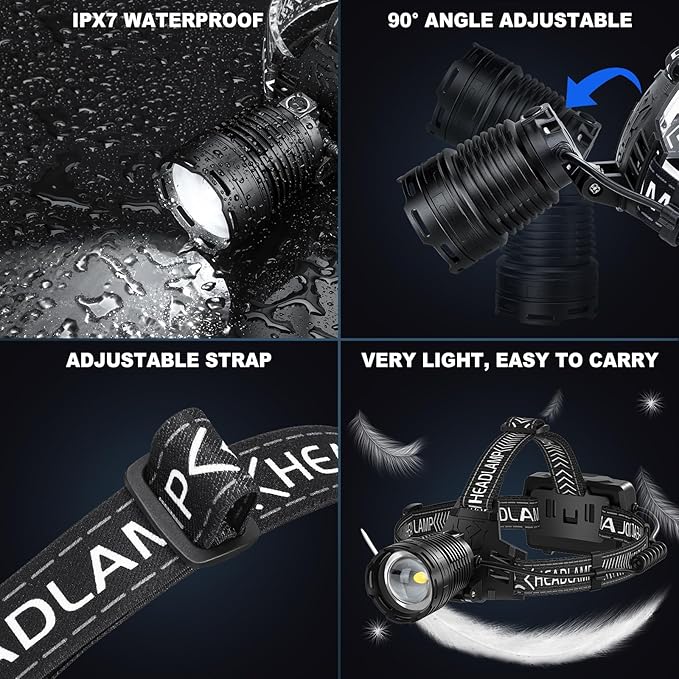 Rechargeable Headlamp, 3000 Lumens LED Head Lamp with 3 Light Modes, USB Rechargeable, 90°Adjustable, Waterproof, Super Bright Headlamps for Adults Camping Running Biking (?ATTERY Included)