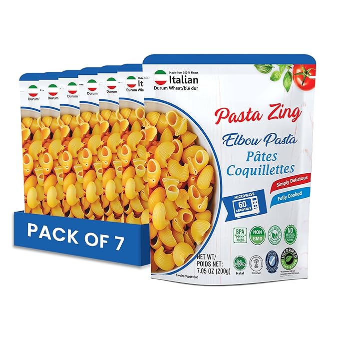 Pasta Zing Elbow Pasta – Fully Cooked, Microwave-Ready in 60 Seconds, Made with 100% Italian Durum Wheat, Non-GMO, Halal & Kosher Certified – 7.05 oz (Pack of 7)