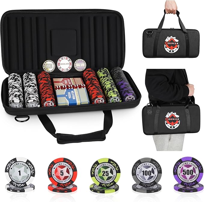 ORIENGEAR Poker Chip Set with Denominations, 14 Gram Clay Composite Casino Chips with ABS Case & 2 Decks of Playing Plastic Cards, for Texas Holdem Blackjack Gambling Games (300PCS Portable)