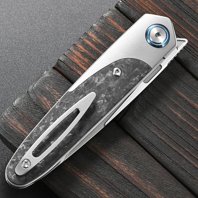 Sitivien ST992 Folding Pocket Knife,Handmade M390 Pearlescent Brushed Steel Blade,Titanium Carbon Fiber Handle EDC Tool Knife for Outdoor Camping,Hiking,Survival,Hunting(Gray) …