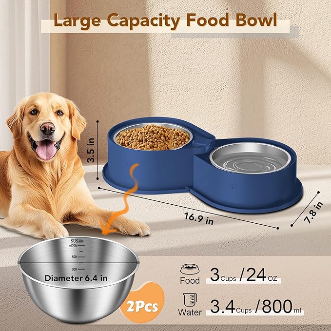Stainless Steel Dog Bowl Set, 304 Metal Dual Food & Water Bowls for Dogs & Cats, Large Capacity Pet Feeder, Anti-Skid Dog Dish for Small/Medium/Large Pets