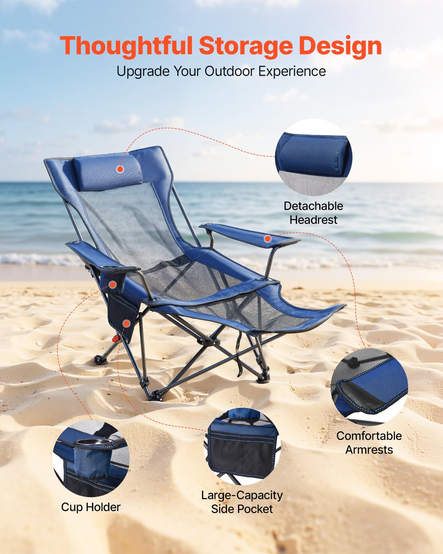 VEVOR 2-in-1 Reclining Camping Chair with Footrest for Adults, 4 Adjustable Positions, Portable