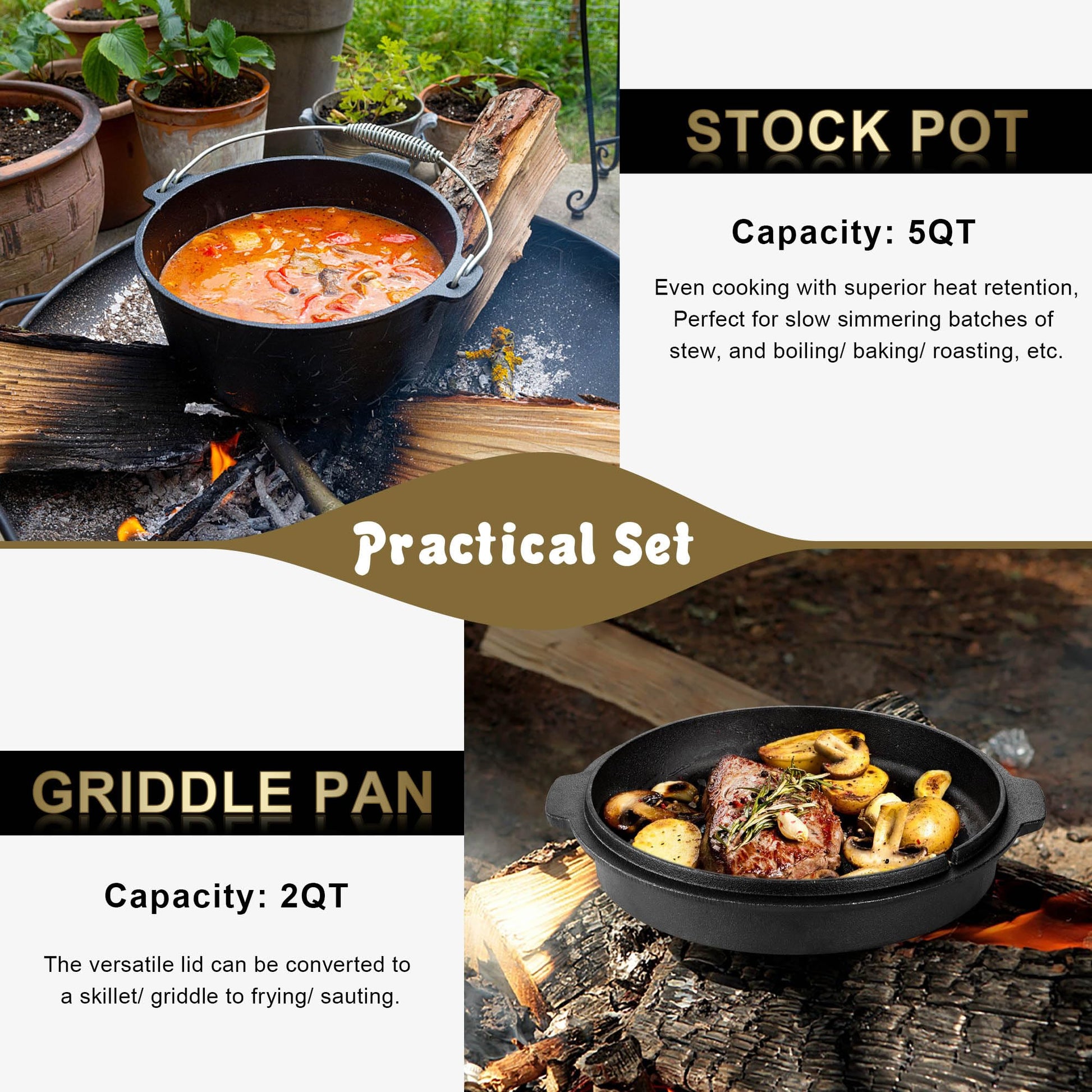 Joyfair Pre-seasoned Cast Iron Camp Dutch Oven with Accessories, 5QT Pot