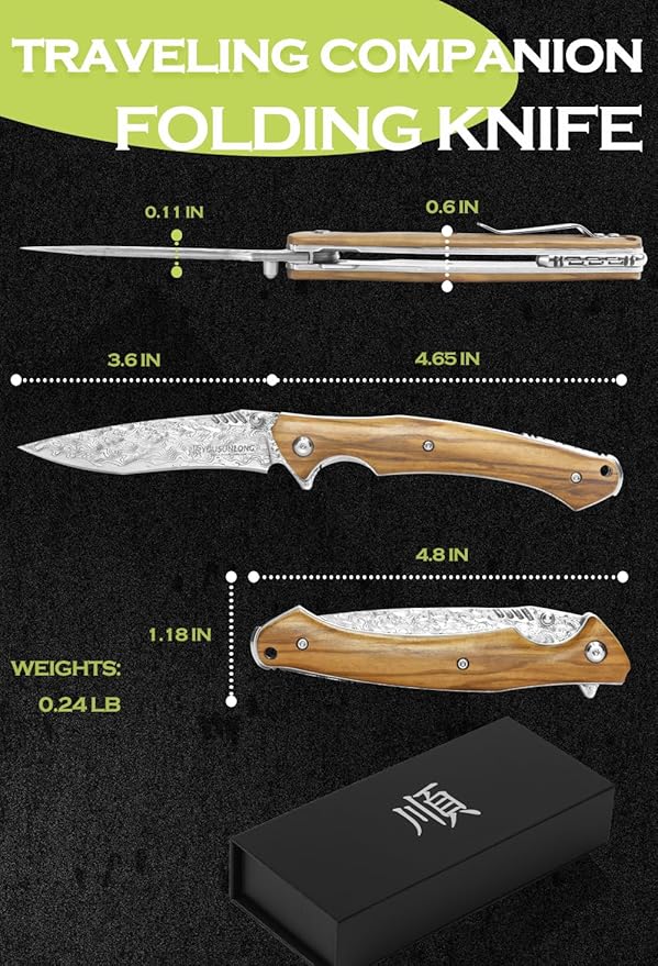 YOUSUNLONG Folding Knives Overall 210mm Pocket Knife - Hammered Damascus Steel Blade - Natural Italian Olive Wood Cover