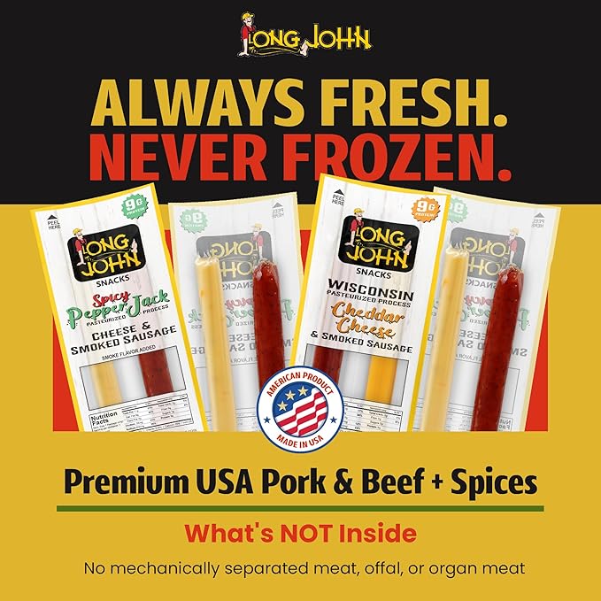 Long John Snacks Meat and Cheese Sticks - Spicy Smoked Sausage & Real Wisconsin Spicy Pepper Jack Cheese Stick - High Protein Snacks Made from Premium USA Pork & Beef - Low Carb, Keto Snack - 12 Pack