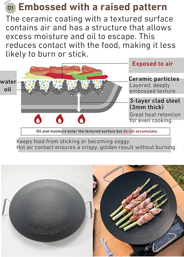 camping moon BBQ Grill Pan Dia 12.8-inch Round Griddle 3-Ply Composite Steel Nonstick Foldable Handle for Open Fire Gas Stove Outdoor & Indoor Use GRW-33F