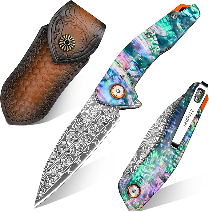 Damascus Pocket Knife, 3.03" VG10 Damascus Steel Blade Folding Knife with Abalone Shell Handle, EDC Camping Knives for Outdoor Indoor, Gifts for Women Men