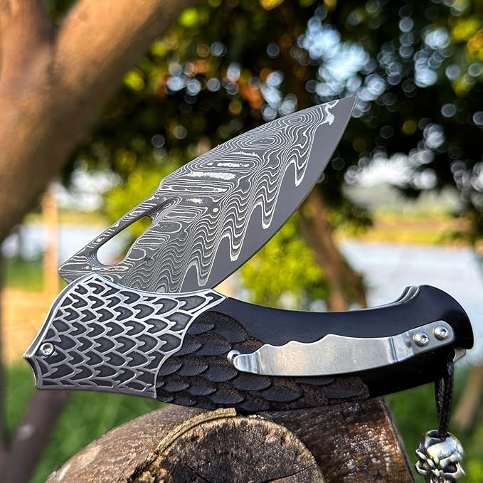 Quality pocket knives for men and women，Damascus Steel Pocket Folding Knife，With leather sheath, Ebony Handle，Engraved feather pattern，Outdoor camping, EDC carrying adventure, Hiking trip, gift