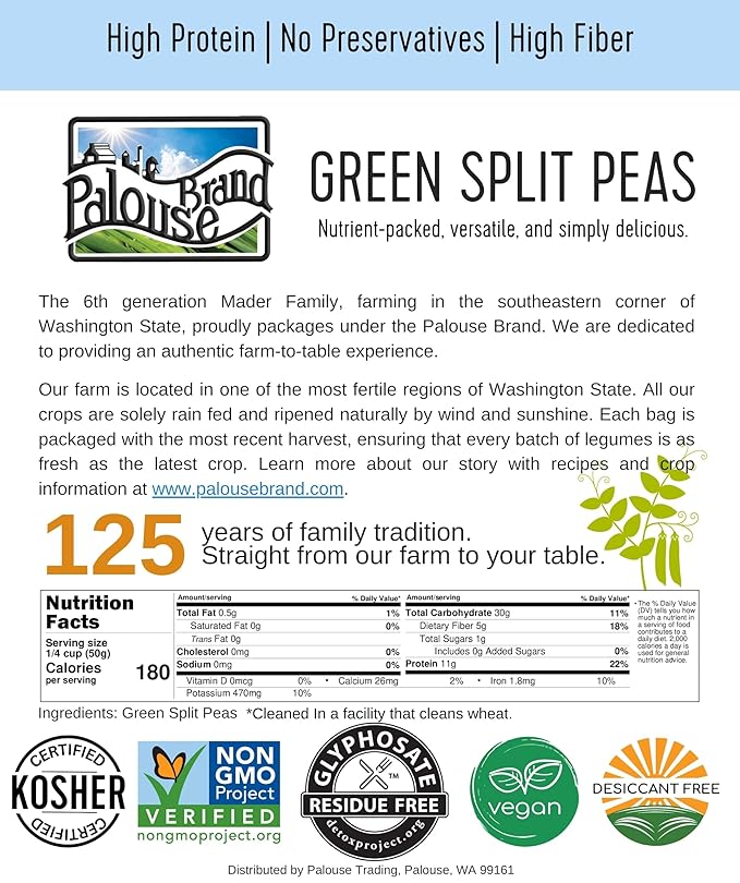 Palouse Brand Certified Glyphosate Residue Free Split Peas | Green | 25 LBS | Family Farmed in Washington State | Non-GMO Project Verified | Non-Irradiated | Kosher Parve | Field Traced