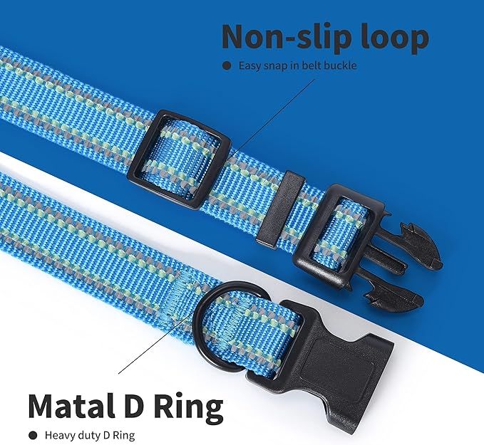 Mile High Life Reflective Dog Collar, Basic Dog Collars Adjustable Quick Release, Soft Nylon Pet Collar with Metal D-Ring for Small Medium Large Dogs (Hot Blue, M Neck13-17")