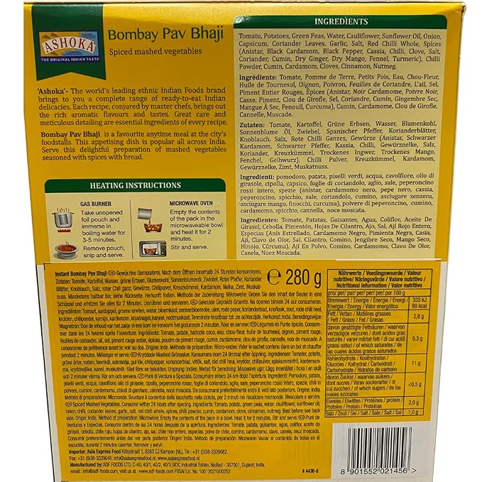 Ashoka Traditional Meals 1932, Vegan Mashed Vegetable Instant Curry, All-Natural, Ready to Eat Microwavable Meals, Bombay Pav Bhaji, Kosher Certified, Great for Hiking, No Preservatives, Pack of 1
