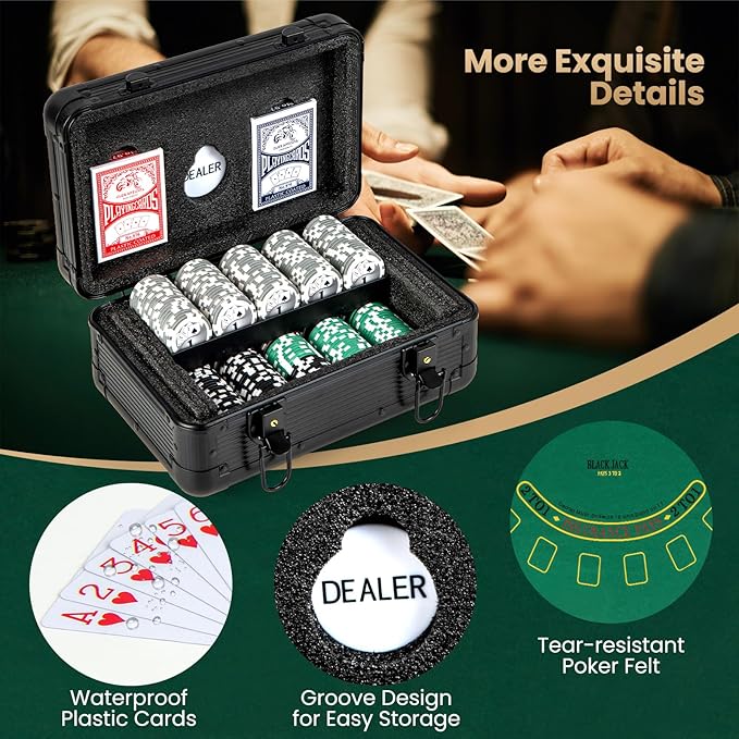 Goplus Poker Chip Set, 300 PCS Chips, 2 Decks Cards, Dealer Button, Poker Felt, Aluminum Case for Texas Holdem, Casino, Family Night, Blackjack