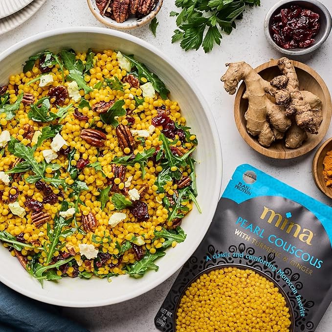 Mina Pearl Couscous, With Turmeric & Ginger, Ready to Eat, Couscous Pearls, Microwavable Meals & Side Dishes, Vegan Protein, Non-GMO, Kosher, 7 oz (Pack of 6)