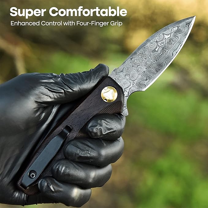 Damascus Pocket Knife with Clip, Damascus Steel Folding Knives for Men Women - EDC Knife with Sheath for Camping, Hiking